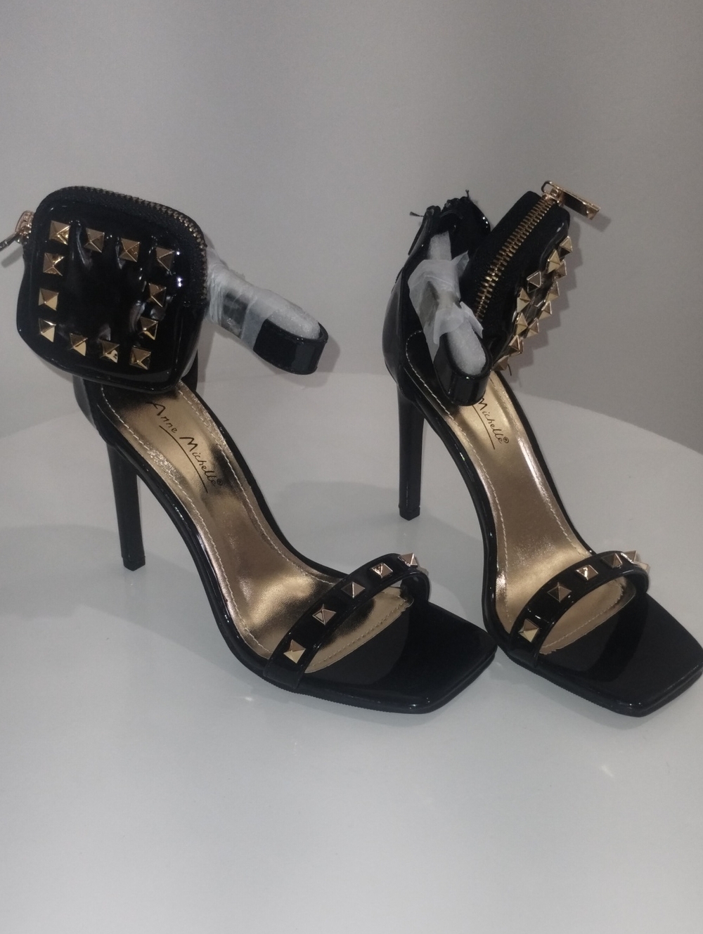 Anne Michelle Black Patent Studded Stiletto Sandals with Ankle Pouch